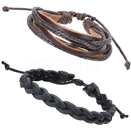 2Pcs 2 Styles Adjustable Cowhide Leather Cord Braided Bracelets BJEW-CL0001-16-1