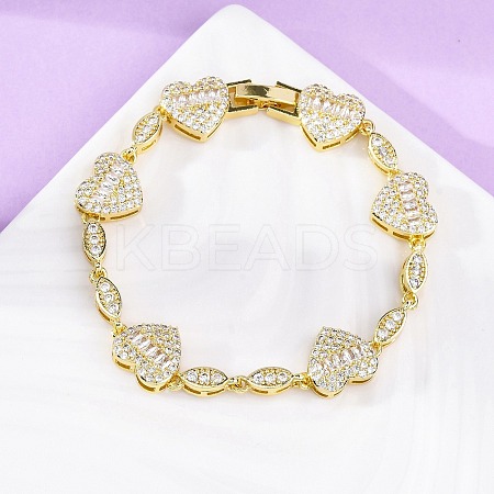 Heart & Horse Eye Brass Micro Pave Clear Cubic Zirconia Link Chain Bracelets for Women BJEW-G740-03G-1
