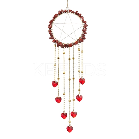 Wire Wrapped Natural Red Jasper Chips Ring Hanging Ornaments HJEW-JM02371-01-1