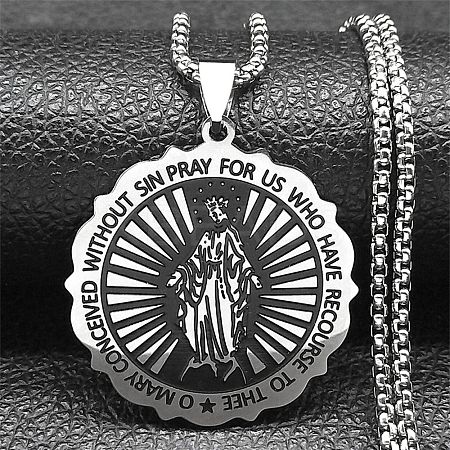 201 Stainless Steel Flat Round Virgin Mary Pendant Box Chain Necklaces STAS-D196-02P-1