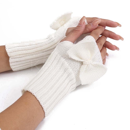 Acrylic Fibers Bowknot Knitting Fingerless Gloves PW-WG73400-02-1