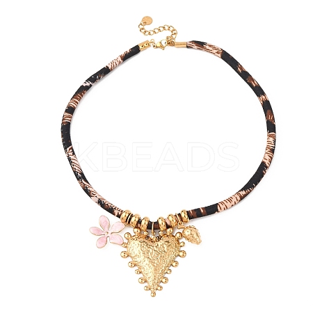304 Stainless Steel Enamel Pink Flower Heart Pendant Leopard Print Polyester Cord Necklaces for Women NJEW-F352-04G-1