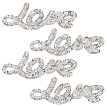 4Pcs Word Love Glass Crystal Rhinestone with Plastic Pearl Sew on Cloth Patches PATC-FG0003-51-1