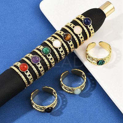 316 Stainless Steel with Natural Mixed Gemstone Cuff Rings RJEW-Z098-01G-14-1