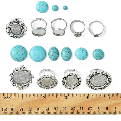 DIY Adjustable Oval/Half Round Synthetic Turquoise & Stainless Steel & Iron Finger Rings Making Kits DIY-FS0006-13-1