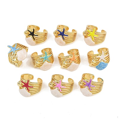 Brass Enamel Adjustable Cuff Rings for Women RJEW-G357-01G-1