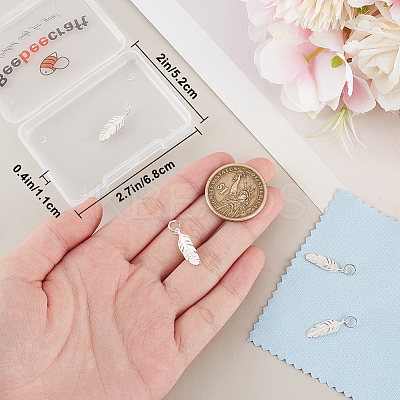 5Pcs 925 Sterling Silver Feather Charms with Jump Rings with 1Pc Double Sided Suede Fabric Silver Polishing Cloth FIND-BBC0015-94-1
