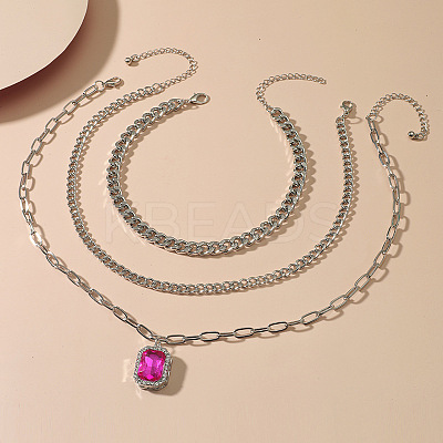 3Pcs Elegant Alloy Fuchsia Rhinestone Rectangle Pendant 3 Layer Necklaces Sets QV2693-2-1