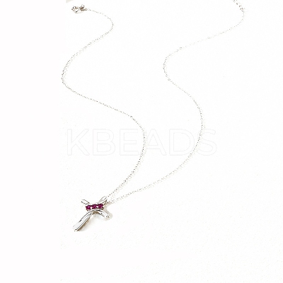 925 Sterling Silver Deep Pink Cubic Zirconia Cross Pendant Necklaces for Women FS-WGC3BD8-01-1
