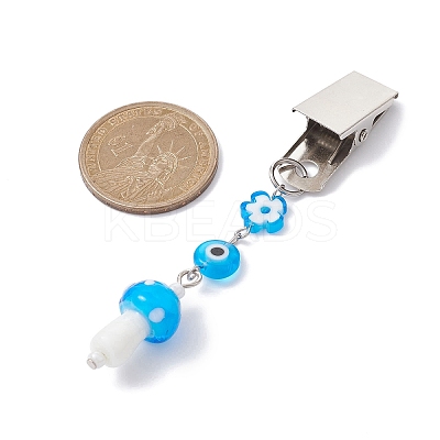 Iron ID Card Clips with Handmade Lampwork Mushroom & Evil Eye JEWB-BR00126-02-1