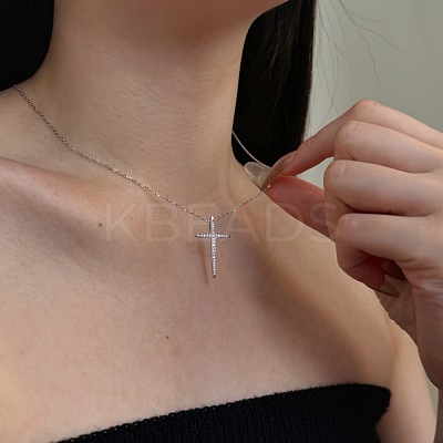Religion Cross 925 Sterling Silver Pave Cubic Zirconia Pendant Necklaces for Women NJEW-F338-03P-1