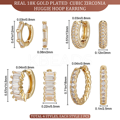 4 Pairs 4 Style Clear Cubic Zirconia Rectangle Hoop Earrings EJEW-BBC0001-19-1