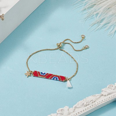 Handmade Japanese Seed Rectangle & Star & Tassel Charms Slider Bracelet BJEW-MZ00013-01-1