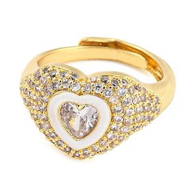 Enamel Heart Adjustable Ring with Clear Cubic Zirconia RJEW-Q781-01G-04-1