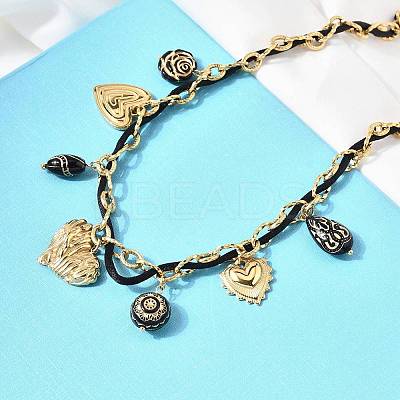 304 Stainless Steel Heart & Acrylic Black Flower Pendant Bib Necklaces for Women NJEW-A063-05G-1