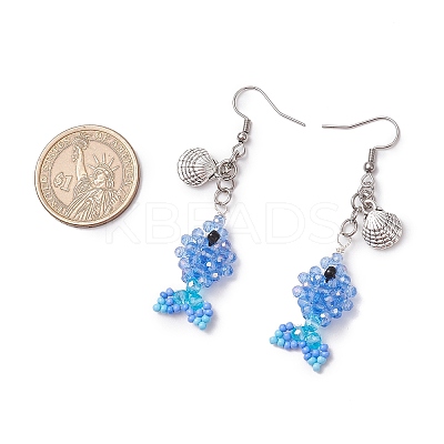 Fish with Shell Shape 304 Stainless Steel Glass Beads Dangle Earrings EJEW-MZ00436-04-1