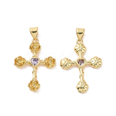 Cross with Flower Brass Micro Pave Cubic Zirconia Pendants KK-G435-06G-05-1