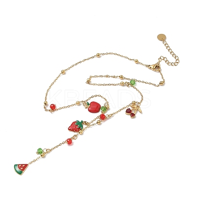 Summer 304 Stainless Steel Enamel & Acrylic Red Strawberry Watermelon Cherry Pendant Y Necklaces for Women NJEW-G180-07G-1