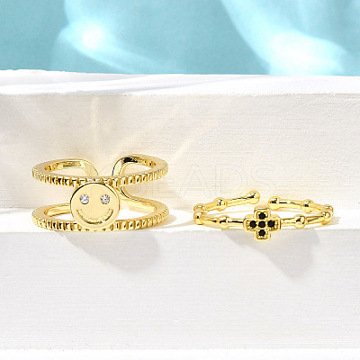 2Pcs 2 Styles Brass Micro Pave Cubic Zirconia Cuff Rings for Women RJEW-S399-03G-1