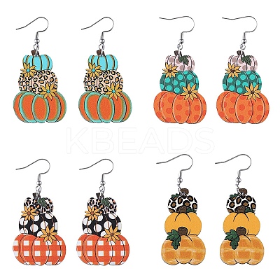 4 Pairs Thanksgiving Day Pumpkin Stainless Steel Wood Dangle Earrings FS-WG285B1-05-1