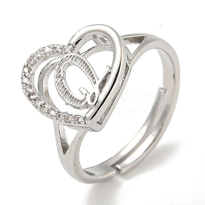 Heart with Letter Rack Plating Brass Micro Pave Cubic Zirconia Adjustable Rings for Women RJEW-I105-06P-Q-1