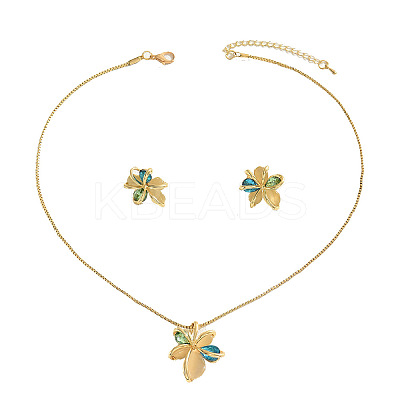 Flower Brass & Cubic Zirconia & Cat Eye Pendant Necklaces & Stud Earrings Sets FS-WG756F6-01-1