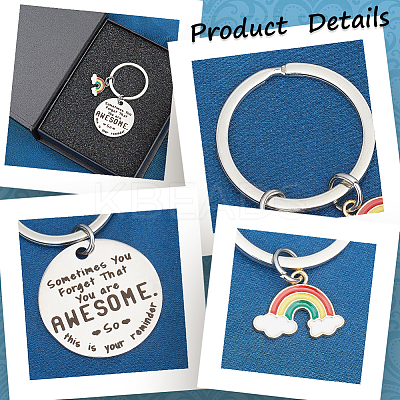 4Pcs 4 Styles  Teacher's Day Stainless Steel Flat Round with Word Pendant Keychain KEYC-GF0001-11-1