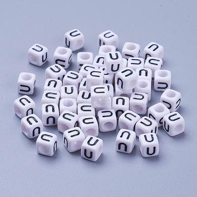 Letter U White Letter Acrylic Cube Beads X-PL37C9308-U-1