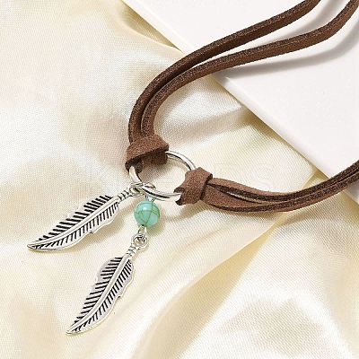 Bohemian Style Alloy Feather with Synthetic Turquoise Pendant Choker Necklaces for Women NJEW-G158-01B-1