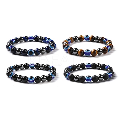 4Pcs Natural Gemstone and Evil Eye Resin Beads Stretch Bracelets Set for Women Men BJEW-JB08940-1
