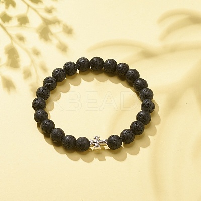 Natural Lava Rock Stretch Bracelet with Alloy Cross BJEW-JB08192-04-1