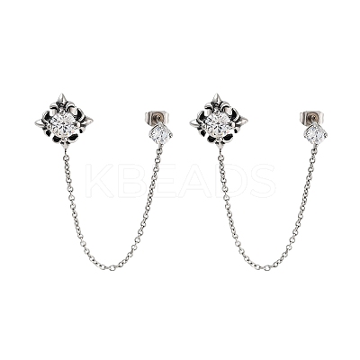 Flower 316 Surgical Stainless Steel Pave Clear Cubic Zirconia Dangle Chains Stud Earrings EJEW-Z050-61AS-1