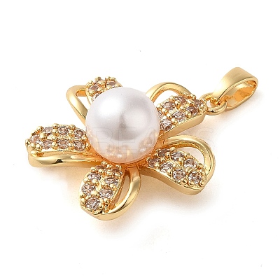 Brass Micro Pave Clear Cubic Zirconia with Plastic Pearl Pendants KK-G483-07G-1