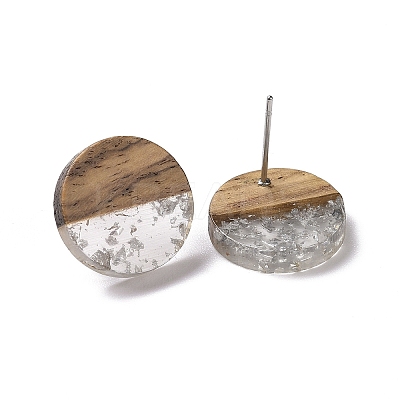 Resin & Walnut Wood Flat Round Stud Earrings with 304 Stainless Steel Pin for Women EJEW-TAC0021-05A-1