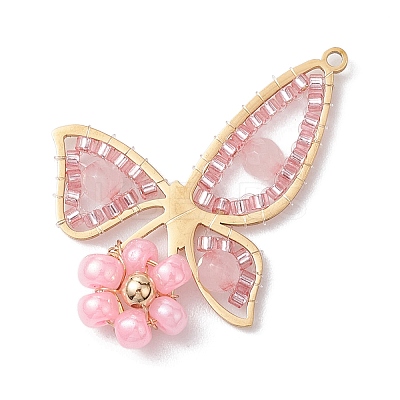 Natural Rose Quartz & Glass Seed Beads Pendants PALLOY-MZ00309-1