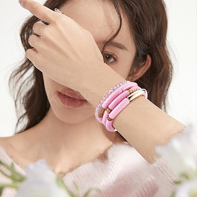 4Pcs 4 Style Acrylic Chunky Curved Tube Stretch Bracelet Sets BJEW-SW00074-04-1