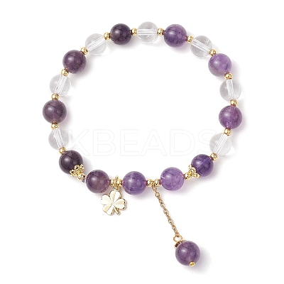 Natural Quartz Crystal & Amethyst Round Beaded Stretch Bracelets BJEW-JB11935-03-1