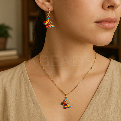 3 Colors Butterfly Alloy Enamel Pendant Necklace & Hoop Earring Sets SJEW-HY0001-03-1