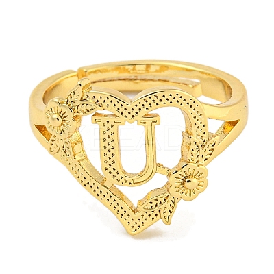 Heart with Letter & Flower Rack Plating Brass Adjustable Rings for Women RJEW-I105-05G-U-1