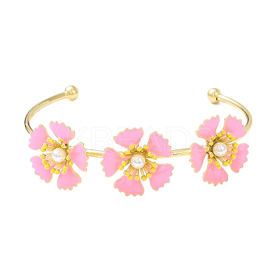 Alloy Flower with Imitation Pearl Beaded Open Cuff Bangle for Women LS-BJEW-D054-02G-01-1