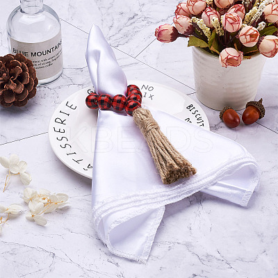 8Pcs 2 Colors Tartan Pattern Wood Beads & Jute Tassel Napkin Rings AJEW-CF0001-06-1
