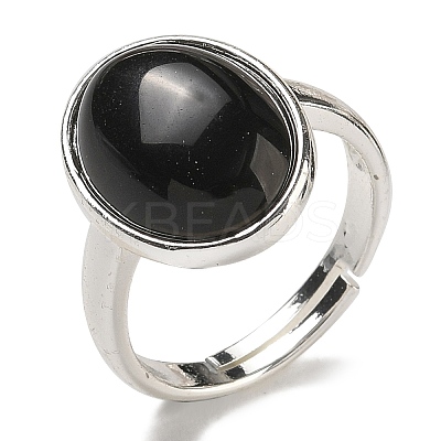 Natural Obsidian Oval Adjustable Rings RJEW-K371-07S-24-1