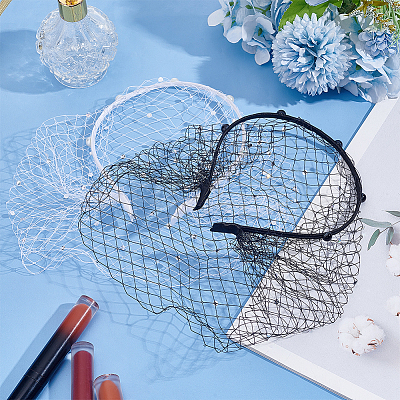 2Pcs 2 Colors Bridal Rhinestones Pearl Mesh Veil Cloth Hair Bands OHAR-BC0001-03-1