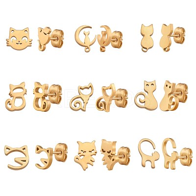 9 Pairs 9 Style 316 Surgical Stainless Steel Cute Kitten Stud Earrings for Women JE933A-1