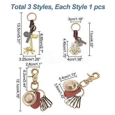3Pcs 3 Style Retro Braided Cowhide Keychain KEYC-AR0001-30-1