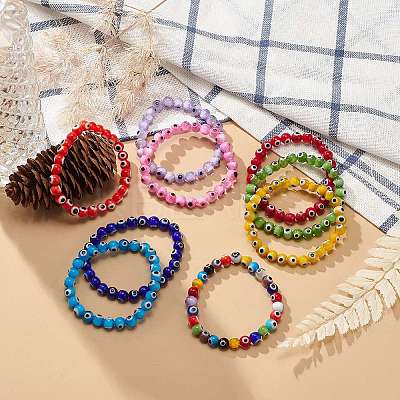 9Pcs 9 Color Handmade Evil Eye Lampwork Round Beaded Stretch Bracelets Set for Children BJEW-JB08899-1