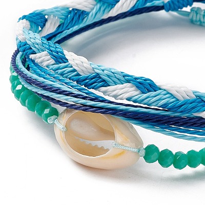3Pcs 3 Style Natural Shell & Glass Braided Bead Bracelets Set BJEW-B065-07B-1