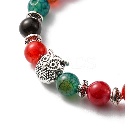 Natural Agate Stretch Bracelets Set with Alloy Owl Beaded ANIM-PW0003-027C-1