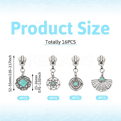 16Pcs 4 Styles Alloy with Synthetic Turquoise Zipper Pulls HJEW-TAC0098-1
