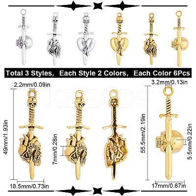 36Pcs 6 Style Tibetan Style Alloy Big Pendants FIND-SC0005-70-1